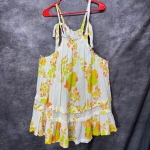 Free People Fleur Printed Swing Tunic Tank Top Ruffle Cotton White Orange Boho